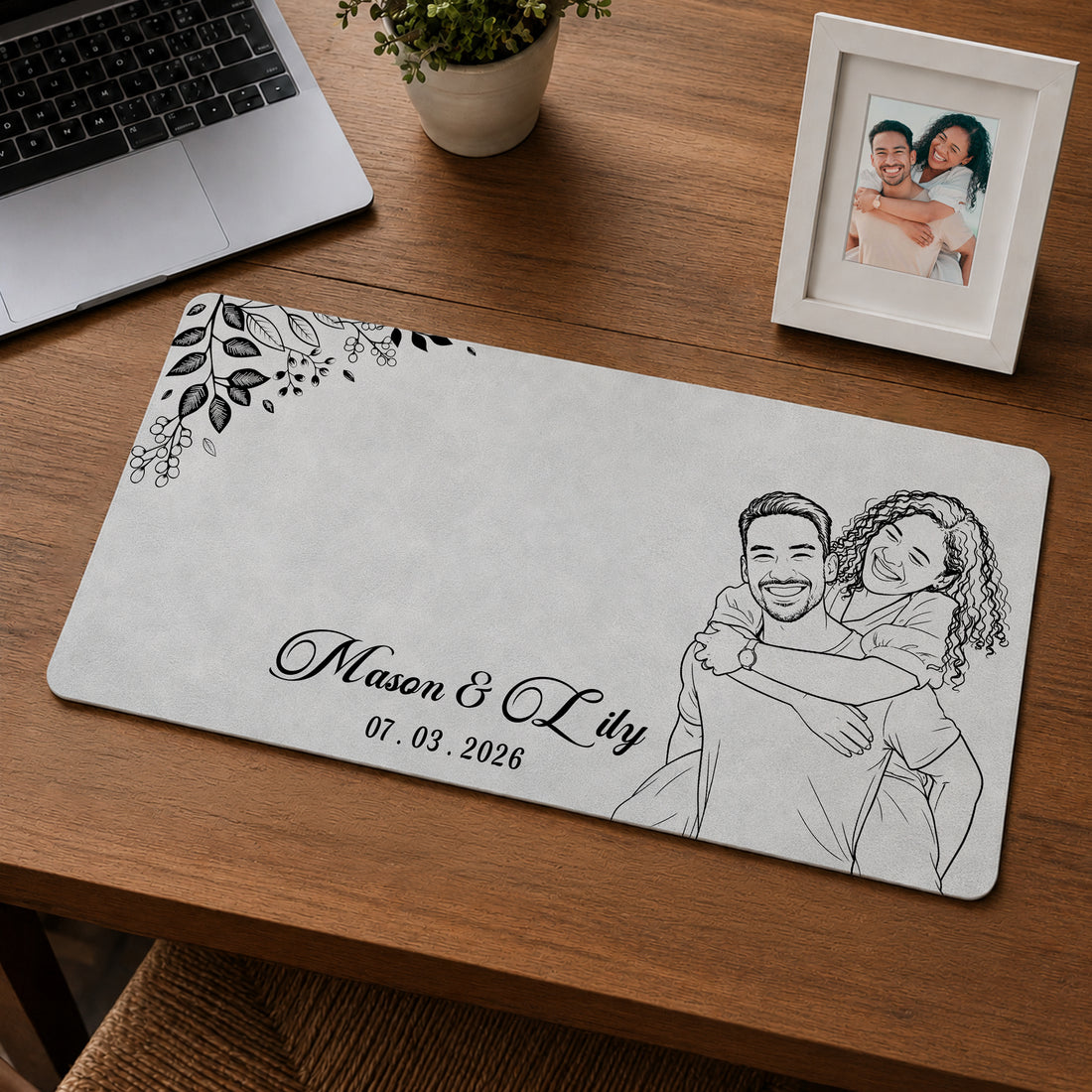 Personalized Young Couple Photo Detailed Line Art Desk Mat with Custom Text, Custom Romantic Desk Pad Gift