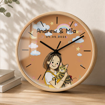 Personalized Pet and Owner Crayon Doodle Wall Clock with Custom Text, Custom Pet Portrait Home Decor Gift