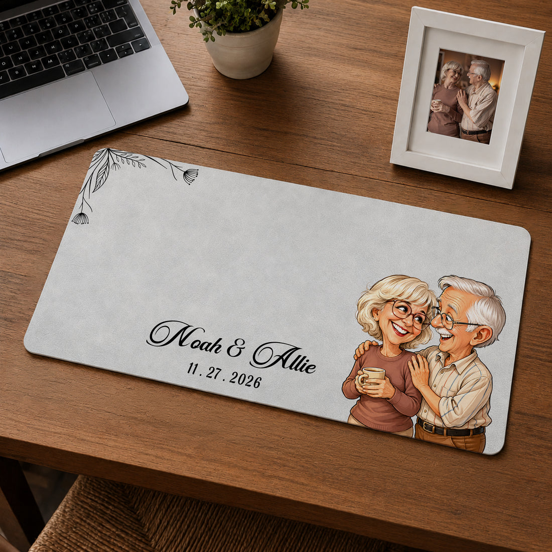 Personalized Couple Photo Caricature Desk Mat with Custom Text, Custom Funny Romantic Desk Pad Gift