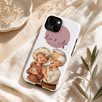 Tough Phone Case for iPhone & Samsung, Personalized Couple Caricature Photo Case with Custom Text