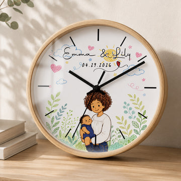 Personalized First Time Mom Crayon Doodle Wall Clock with Custom Text, Custom Mom and Baby Portrait Home Decor Gift