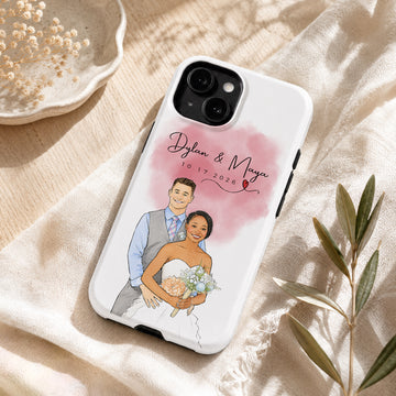 Tough Phone Case for iPhone & Samsung, Personalized Wedding Watercolor Doodle Photo Case with Custom Text