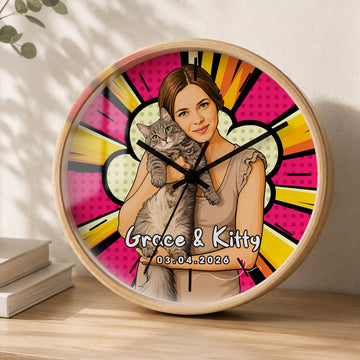 Personalized Pop Art Pet and Owner Wall Clock with Custom Text, Custom Pet Portrait Home Decor Gift