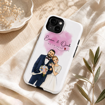 Tough Phone Case for iPhone & Samsung, Personalized Wedding Sketch Doodle Photo Case with Custom Text