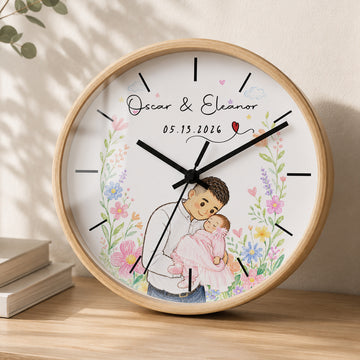 Personalized First Time Dad Crayon Doodle Wall Clock with Custom Text, Custom Dad and Baby Portrait Home Decor Gift
