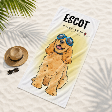 Custom Pet Portrait Watercolor Doodle Beach Towel with Personalized Text, Cute Summer Gift for Pet Lovers