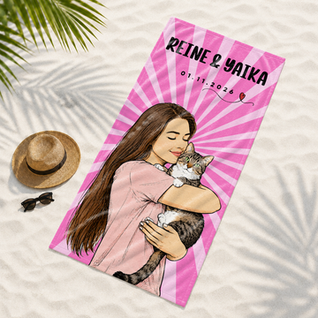 Custom Pet and Owner Sketch Doodle Beach Towel with Personalized Text, Cute Summer Keepsake Gift