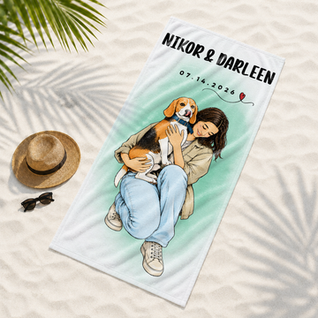 Personalized Pet Owner Sketch Doodle Beach Towel with Custom Text, Custom Pet Portrait Summer Gift