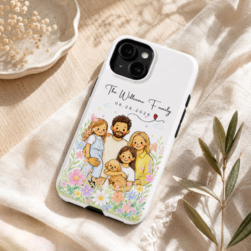 Tough Phone Case for iPhone & Samsung, Personalized Family Crayon Doodle Photo Case with Custom Text
