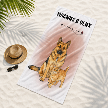 Personalized Pet Photo Sketch Doodle Beach Towel with Custom Text, Custom Dog Cat Summer Gift