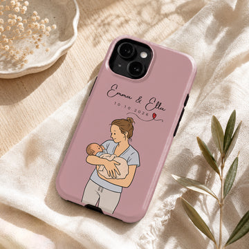 Tough Phone Case for iPhone & Samsung, Personalized Baby With Mom Funny Doodle Case with Custom Text