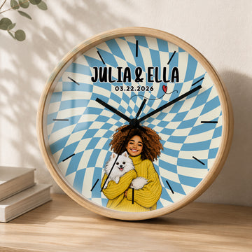 Personalized Dog, Cat & Owner Sketch Doodle Wall Clock with Custom Text, Custom Pet Portrait Home Decor Gift