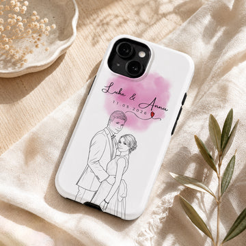 Tough Phone Case for iPhone & Samsung, Personalized Wedding Detailed Line Art Photo Case with Custom Text