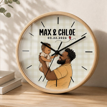 Personalized First Time Dad Sketch Doodle Wall Clock with Custom Text, Custom Father and Baby Portrait Home Decor Gift