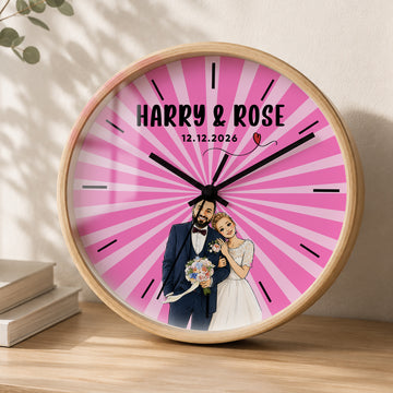 Personalized Wedding Sketch Doodle Wall Clock with Custom Text, Custom Wedding Portrait Home Decor Gift