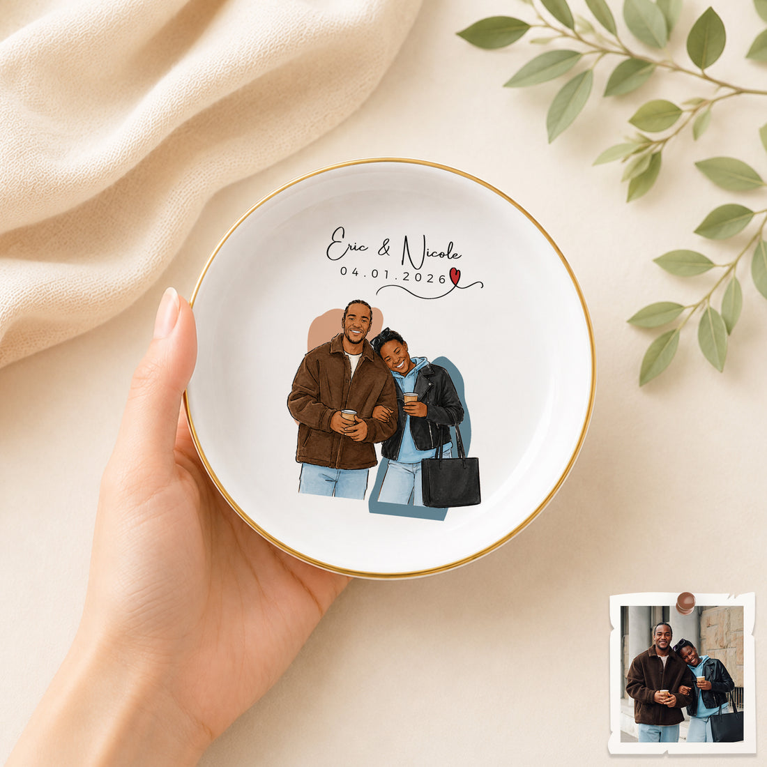 Personalized Couple Watercolor Doodle Trinket Dish with Custom Text, Romantic Jewelry Keepsake Gift
