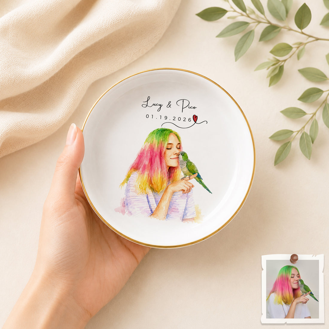 Personalized Pet and Owner Watercolor Trinket Dish with Custom Text, Custom Pet Lover Jewelry Keepsake Gift
