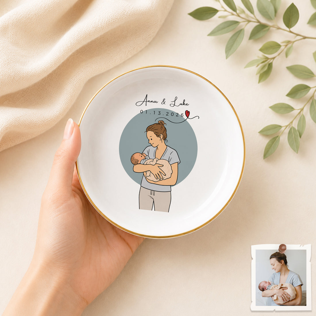 Personalized Baby With Mom Funny Doodle Trinket Dish with Custom Text, First-Time Mom and Babies Keepsake Gift