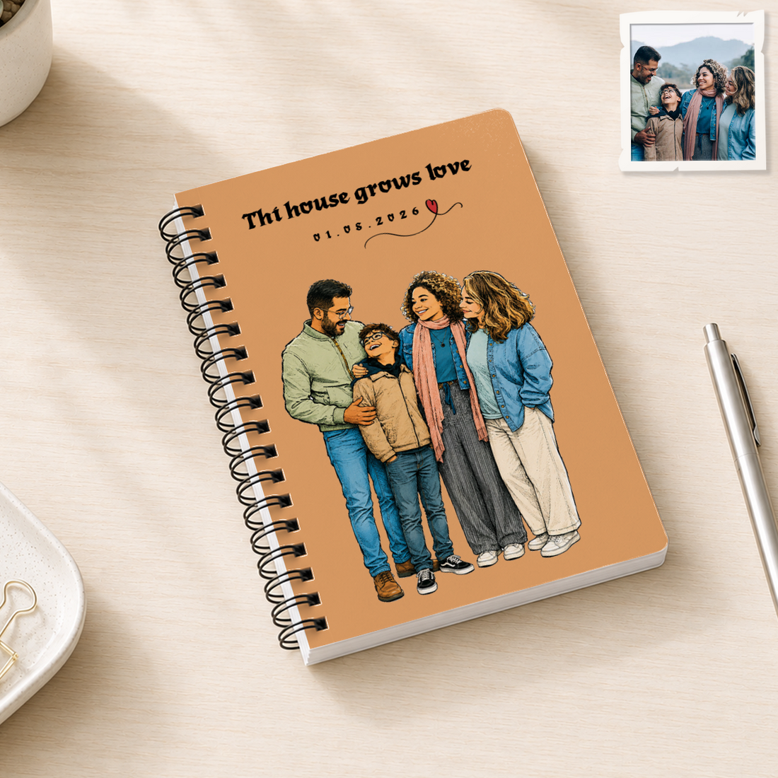 Personalized Family Sketch Doodle Spiral Bound Journal with Custom Text, Custom Family Portrait Notebook Gift