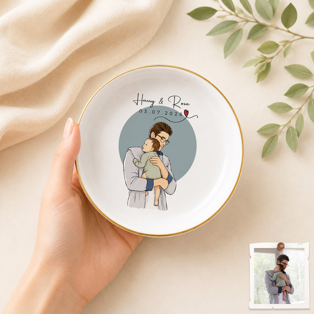 Personalized Baby and Dad Watercolor Doodle Trinket Dish with Custom Text, First Time Dad Keepsake Gift