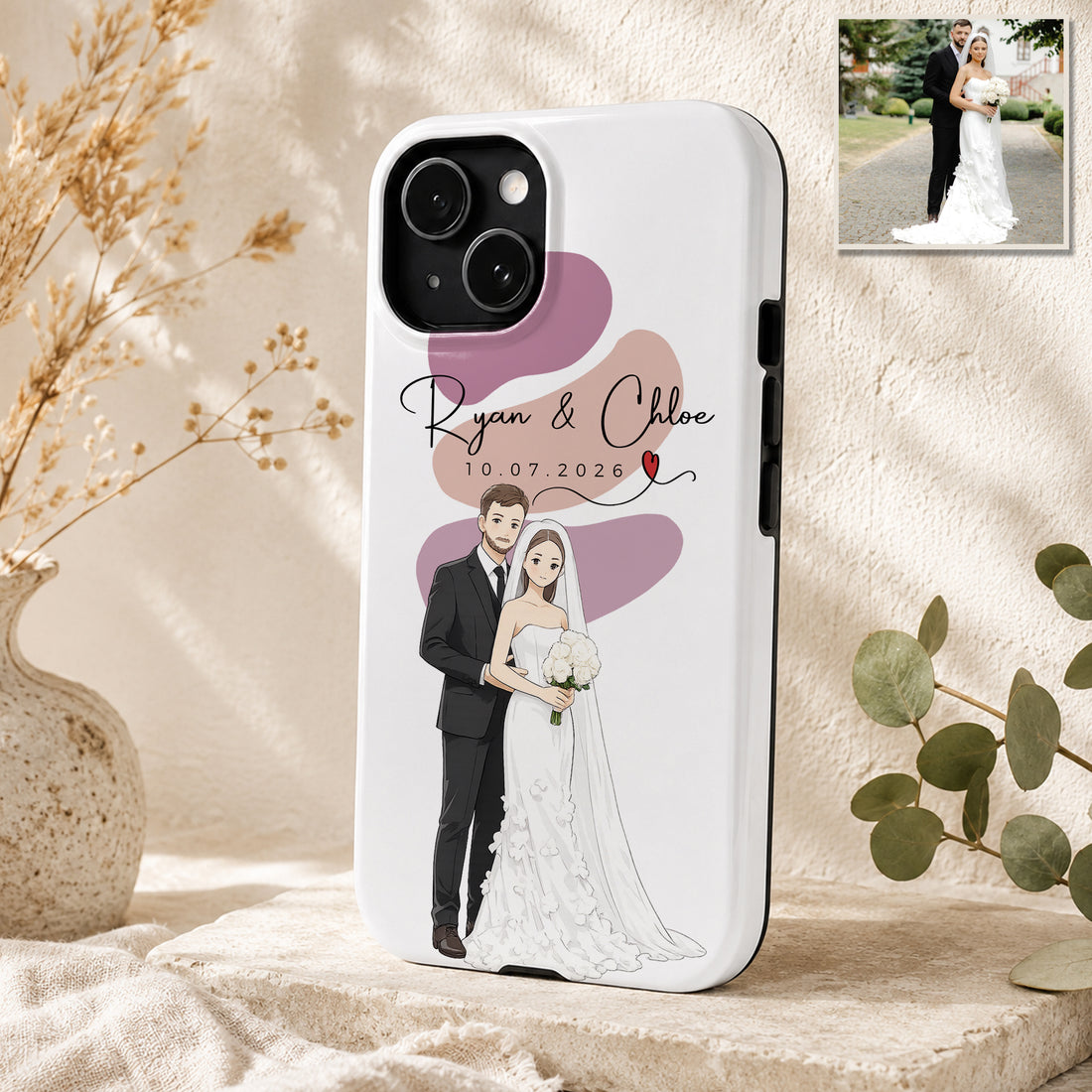 Tough Phone Case for iPhone & Samsung, Personalized Engagement Wedding Anime Illustration Case with Custom Text