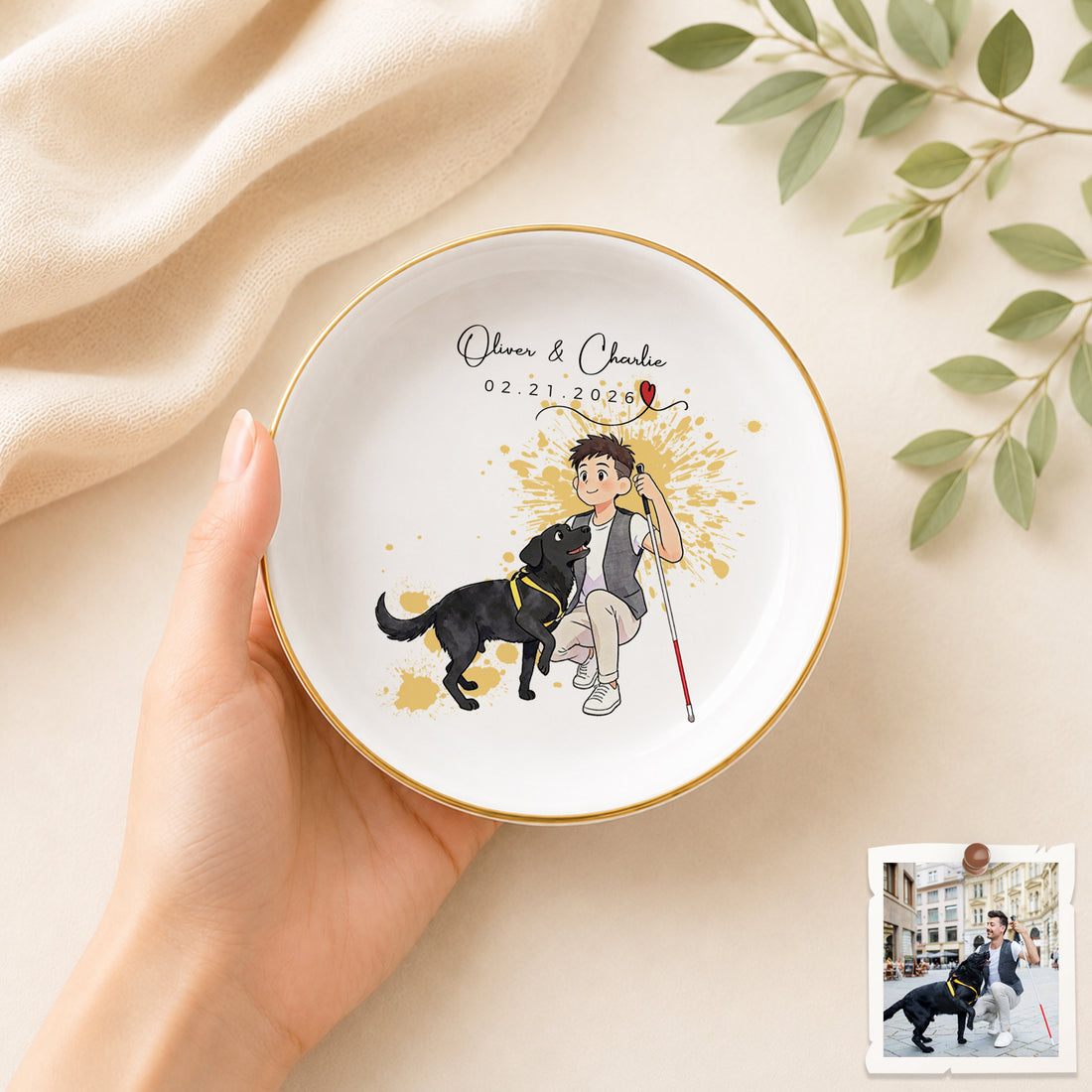 Personalized Pet and Owner Anime Illustration Trinket Dish with Custom Text, Custom Pet Lover Keepsake Gift