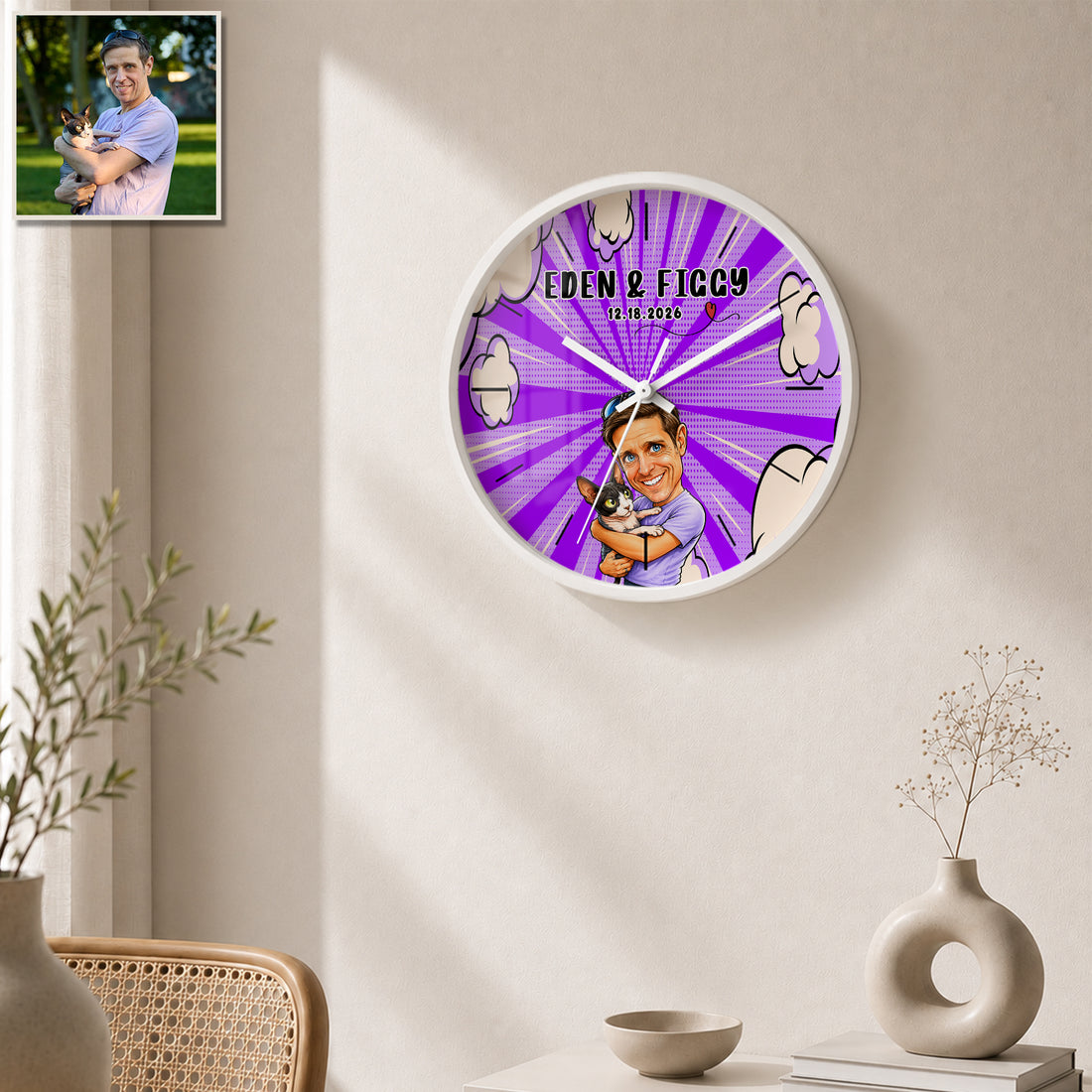 Personalized Pet and Owner Caricature Wall Clock with Custom Text, Funny Custom Pet Portrait Home Decor Gift