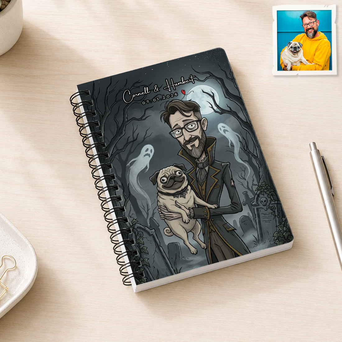 Personalized Beloved Pet and Pet Parents Gothic Spiral Bound Journal with Custom Text, Notebook Gift