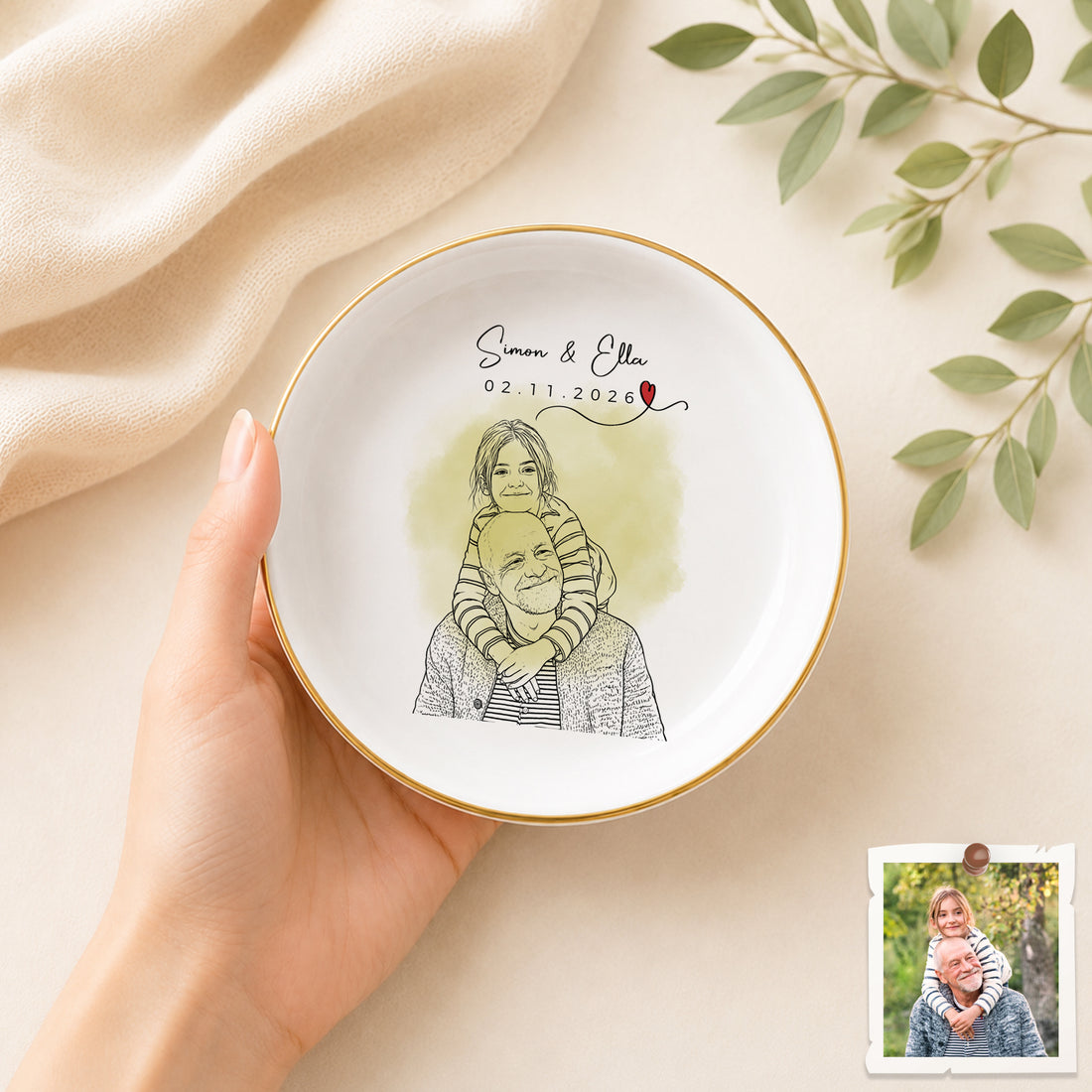Personalized Family with Grandpa and Dad Detailed Line Art Trinket Dish with Custom Text, Custom Family Keepsake Gift