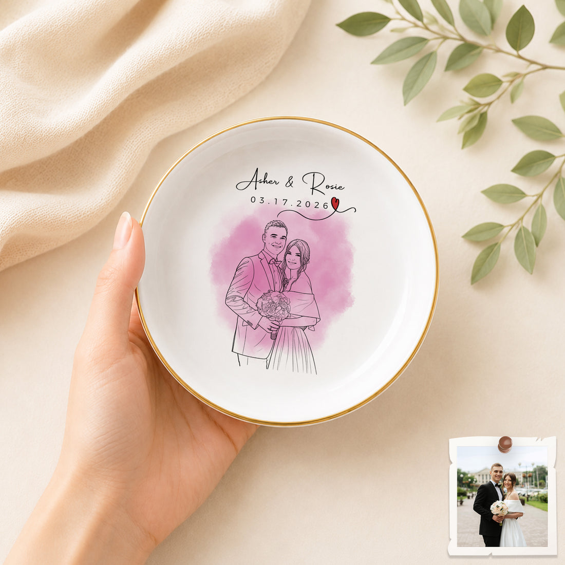 Personalized Wedding Detailed Line Art Trinket Dish with Custom Text, Custom Couple Ring Holder Keepsake Gift