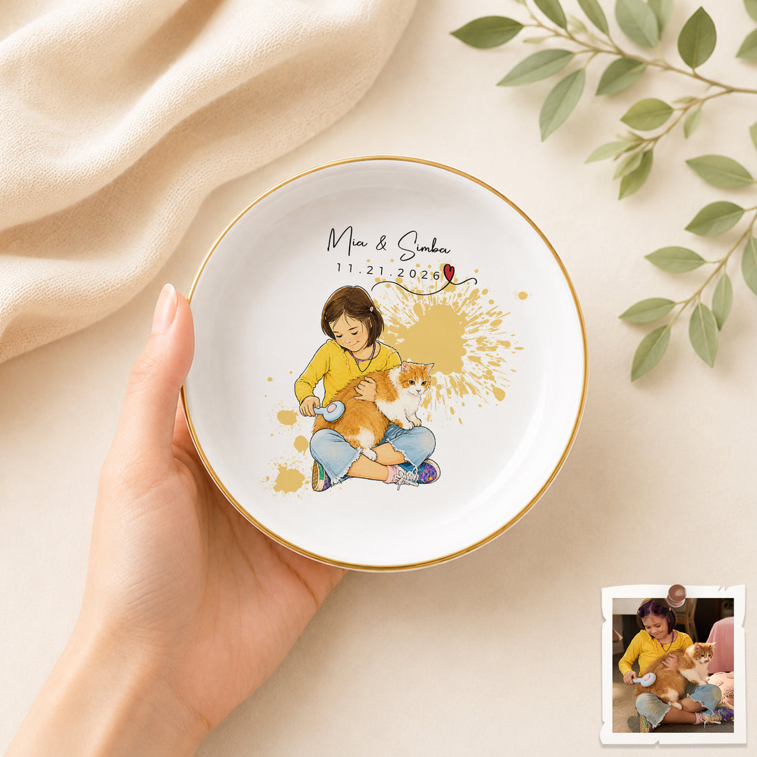 Personalized Cat and Owner Watercolor Doodle Trinket Dish with Custom Text, Custom Pet Lover Keepsake Gift