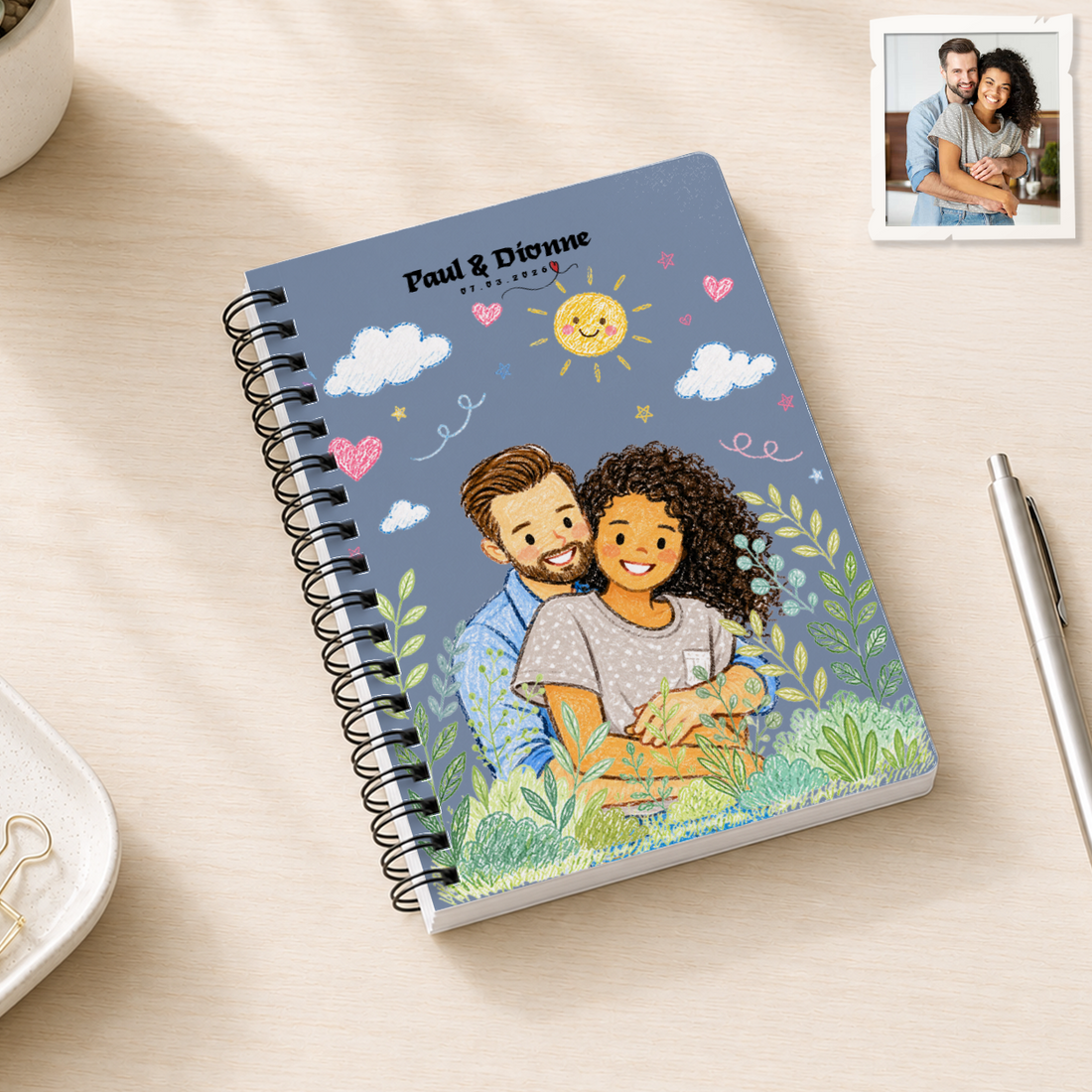 Personalized Couple Crayon Doodle Spiral Bound Journal with Custom Text, Custom Couple Portrait Notebook Gift