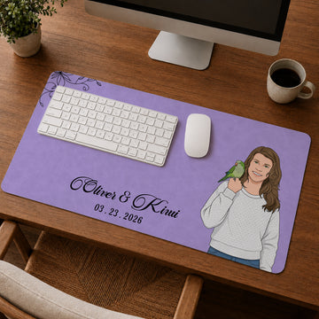 Custom Pet & Owner Photo Illustration Desk Mat with Personalized Text, Custom Animal Lover Workspace Gift
