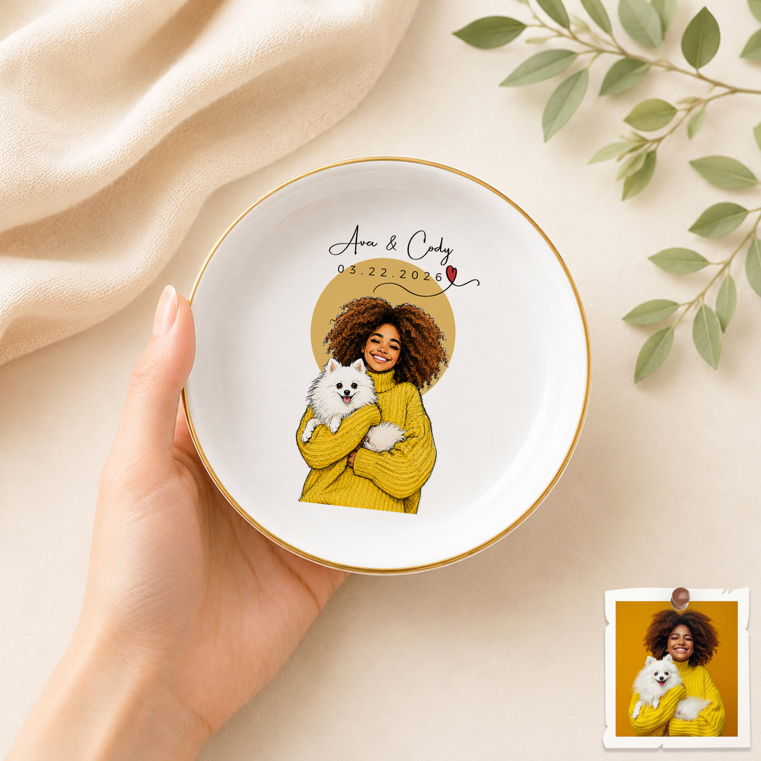 Custom Dog and Owner Sketch Doodle Trinket Dish with Personalized Text, Dog Lover Jewelry Keepsake Gift