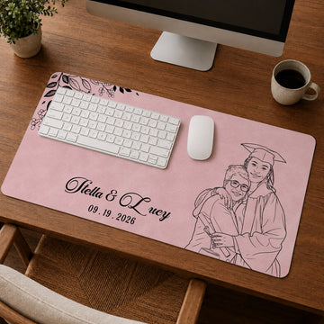 Personalized Graduation Photo Detailed Line Art Desk Mat with Custom Text, Custom Graduate Desk Pad Gift