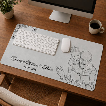 Personalized Family Detailed Line Art Desk Mat with Custom Text, Custom Grandpa Dad Big Family Desk Pad Gift