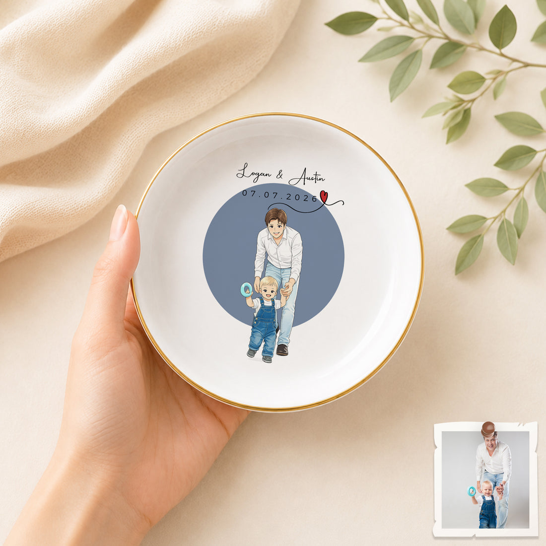 Personalized Father Photo Anime Illustration Trinket Dish with Custom Text, Custom Dad Keepsake Gift