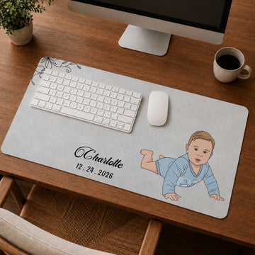 Personalized Baby Photo Illustration Desk Mat with Custom Text, Custom Baby Memory Desk Pad Gift
