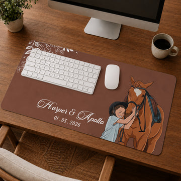 Custom Pet and Owner Portrait Illustration Desk Mat with Personalized Text, Personalized Pet Memory Desk Pad