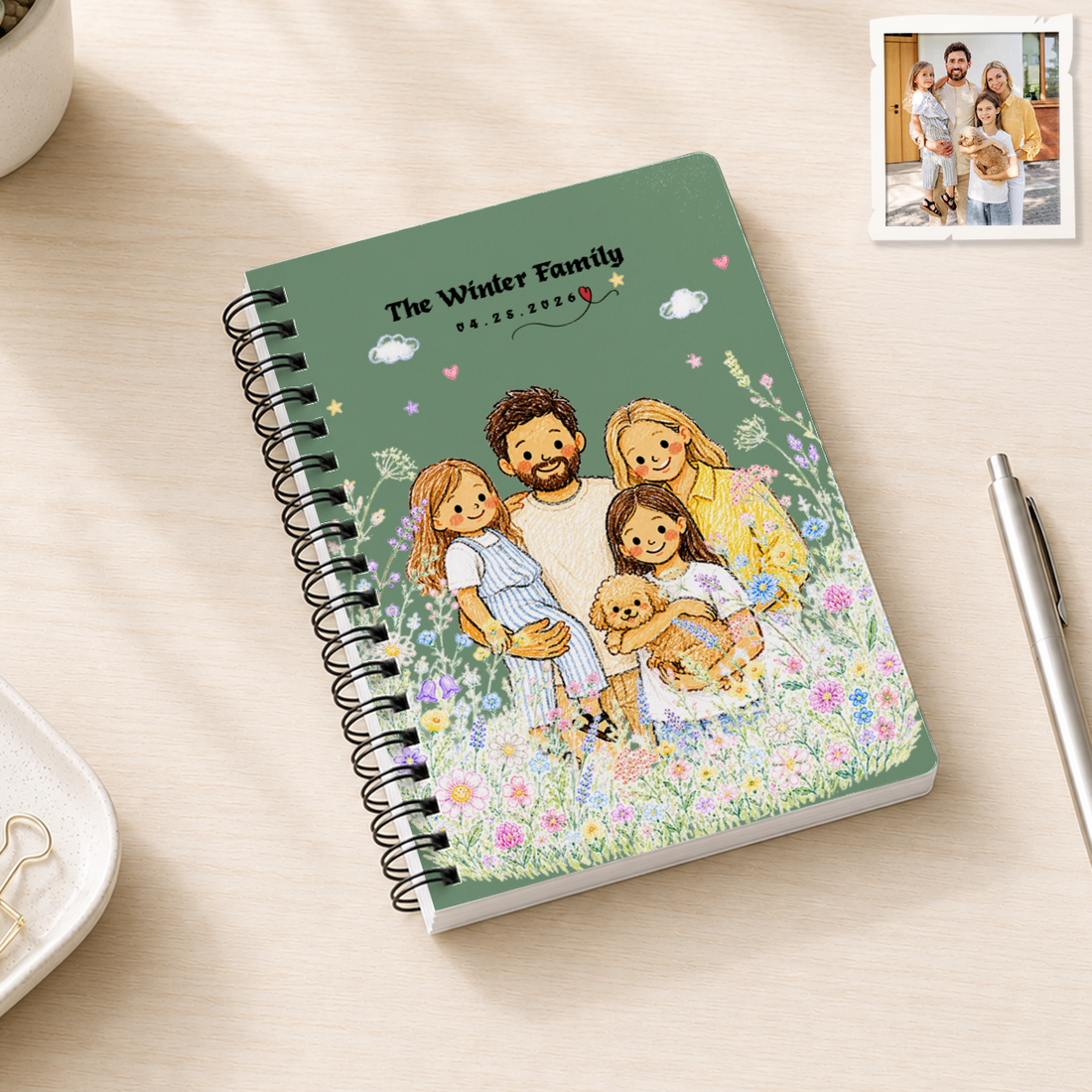 Personalized Family Crayon Doodle Spiral Bound Journal with Custom Text, Custom Family Portrait Notebook Gift