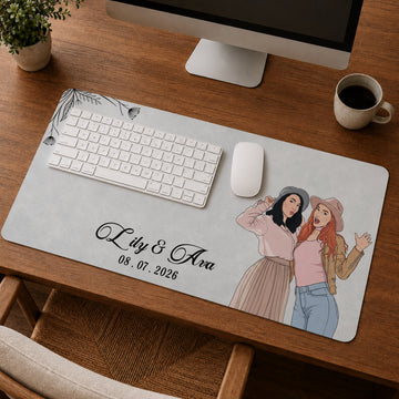 Personalized Friends Photo Illustration Desk Mat with Custom Text, Custom Friendship Workspace Gift