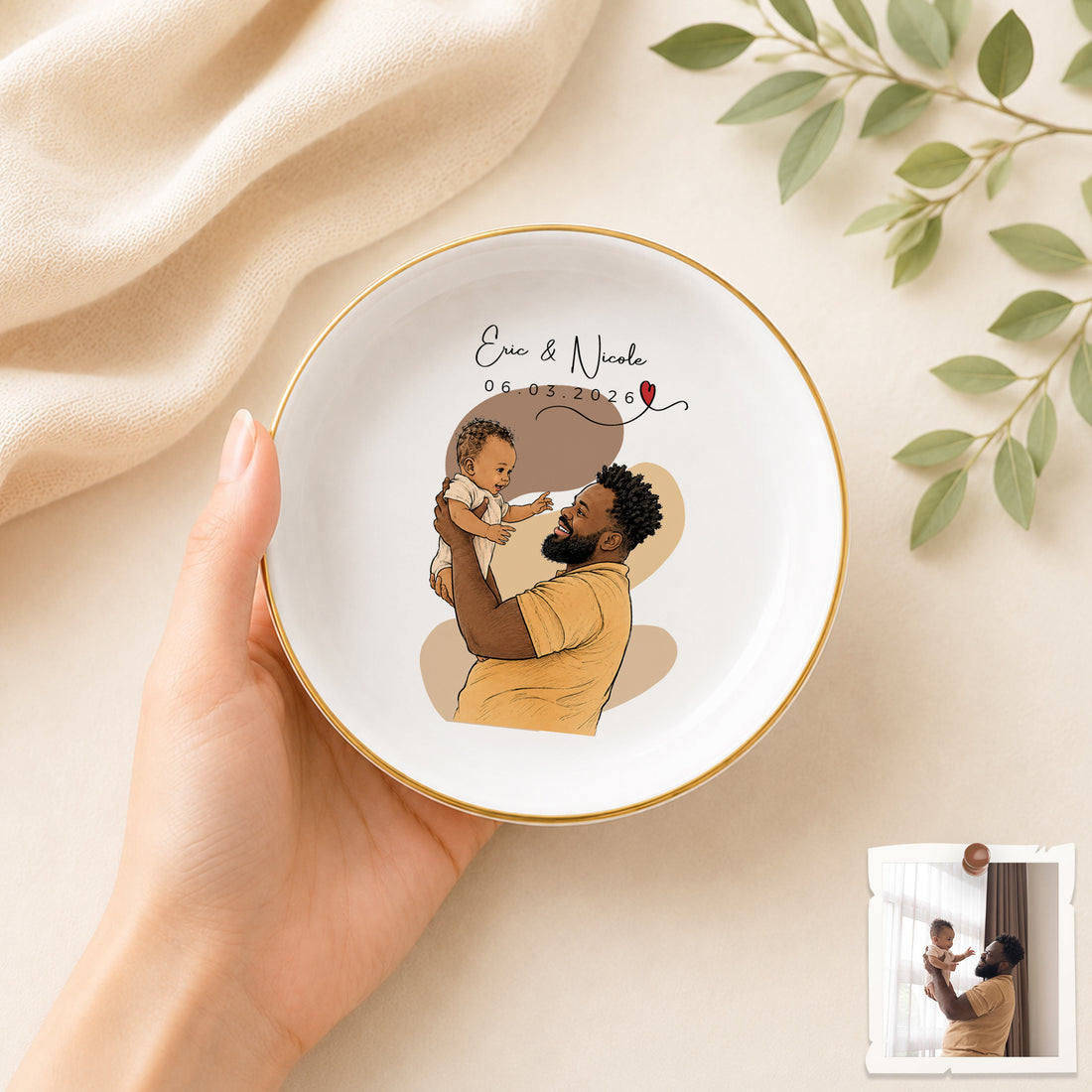 Personalized Baby With Dad Sketch Doodle Trinket Dish with Custom Text, First-Time Dad Keepsake Gift