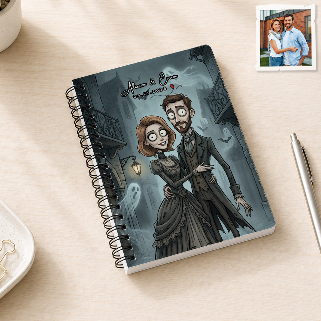 Personalized Gothic Couple and Family Spiral Bound Journal with Custom Text, Custom Portrait Notebook Gift