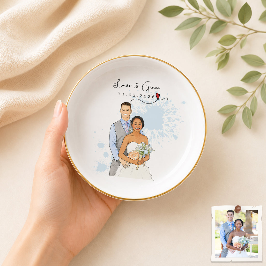 Personalized Wedding Watercolor Doodle Trinket Dish with Custom Text, Romantic Couple Ring Holder Keepsake Gift