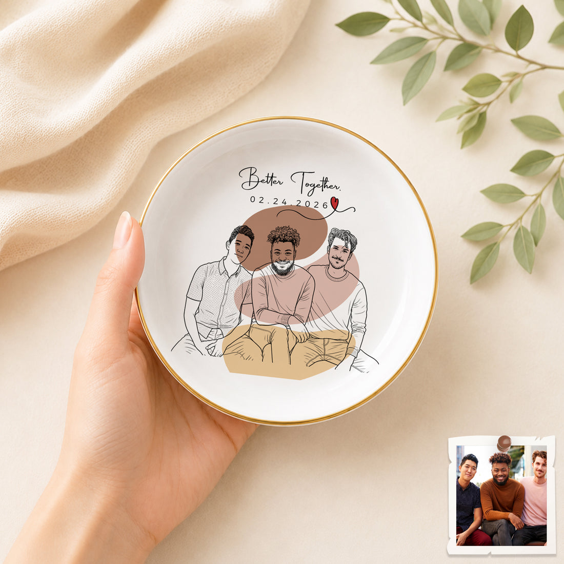 Personalized Friends Detailed Line Art Trinket Dish with Custom Text, Custom Best Friend Jewelry Keepsake Gift