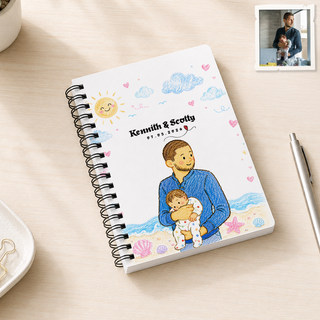Personalized First Time Dad Crayon Doodle Spiral Bound Journal with Custom Text, Dad and Baby Portrait Notebook Gift