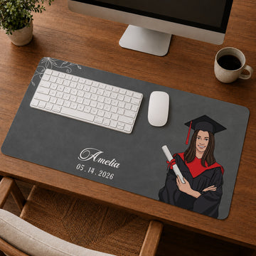 Personalized Graduation Photo Illustration Desk Mat with Custom Text, Custom Graduate Memory Desk Pad Gift
