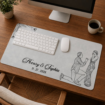 Personalized Engagement Anniversary Photo Detailed Line Art Desk Mat with Custom Text, Custom Couple Desk Pad Gift