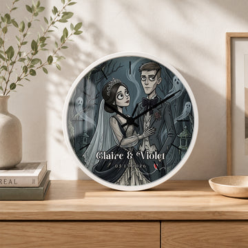 Personalized Gothic Wedding Wall Clock with Custom Text, Custom Wedding Portrait Home Decor Gift
