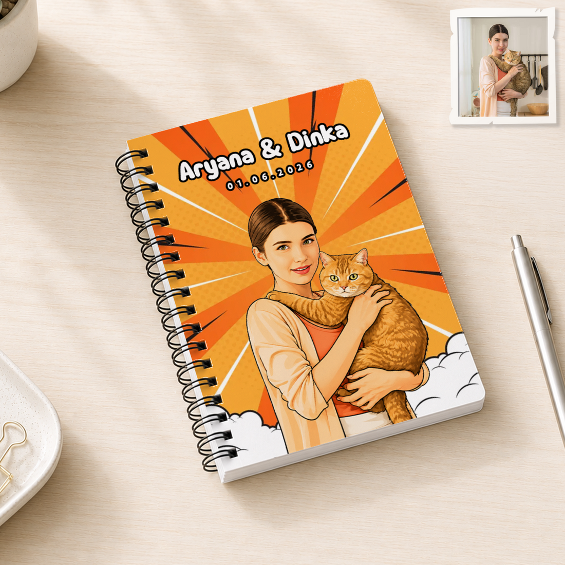 Personalized Pet and Owner Pop Art Spiral Bound Journal with Custom Text, Custom Pet Portrait Notebook Gift